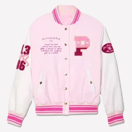 PINK x LoveShackFancy Reissued Boyfriend Varsity Jacket Pink And White