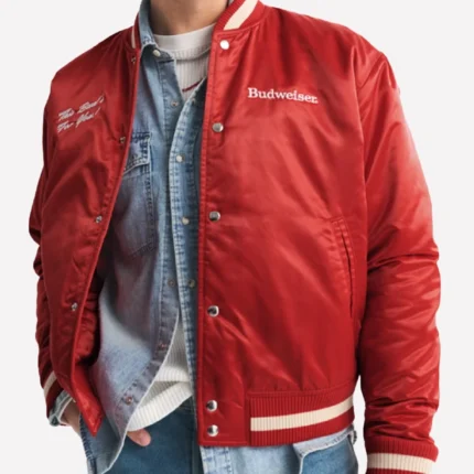 Abercrombie Budweiser Satin Red Varsity Bomber Jacket