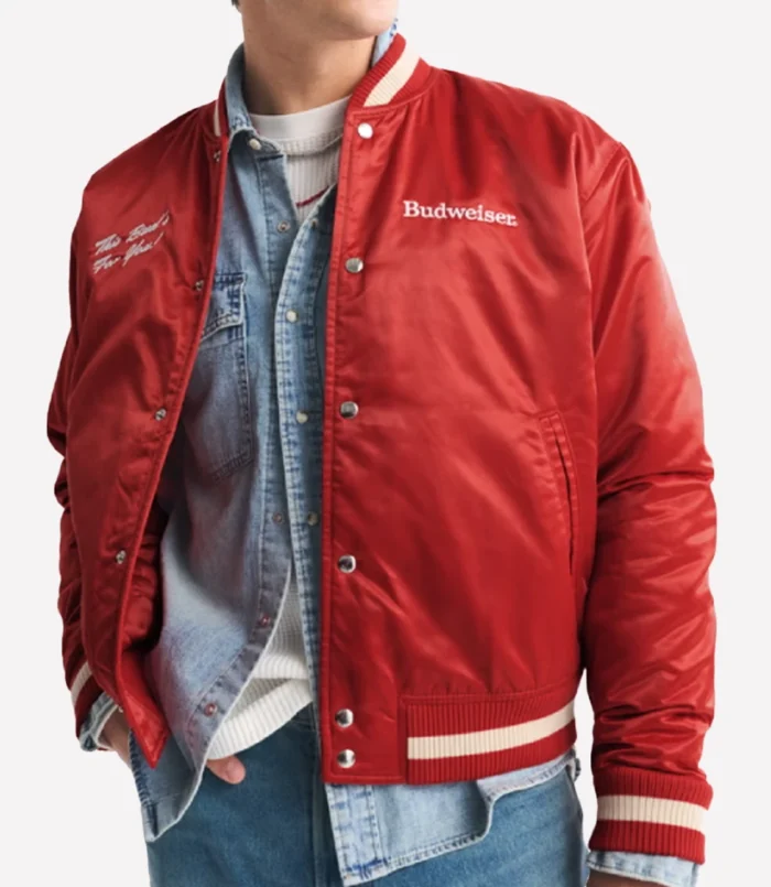 Abercrombie Budweiser Satin Red Varsity Bomber Jacket