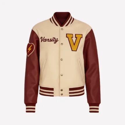Beige ‘V’ Patch Letterman Varsity Jacket