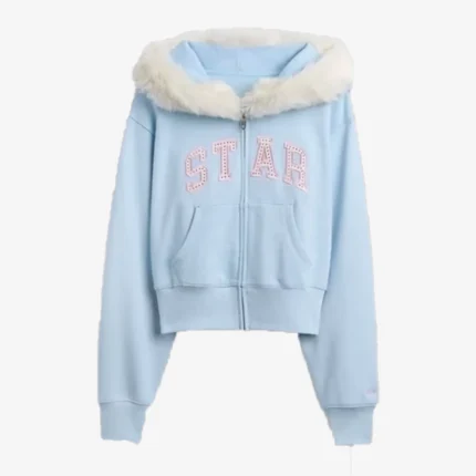 Unisex Gap × Sandy Liang Vegan Fur-Trim Crop Sky Blue Hoodie