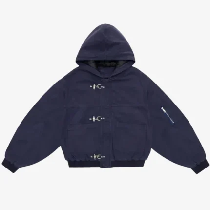 Unisex Shinzo Shige 15oz Navy Blue Canvas Clasp Hooded Bomber Jacket