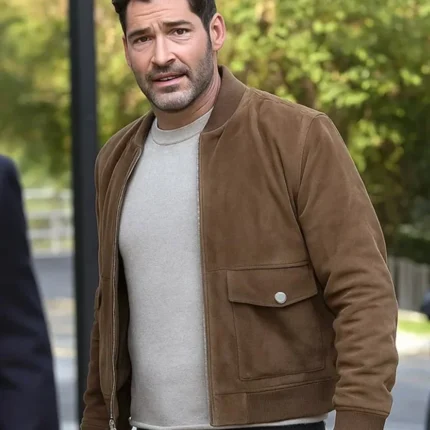 Unisex Tom Ellis CIA 2026 Hart Hoxton Brown Bomber Suede Leather Jacket