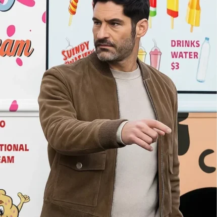 Tom Ellis CIA 2026 Hart Hoxton Brown Bomber Suede Leather Jacket