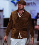 Unisex Travis Kelce Cashmere Brown Suede Military Jacket