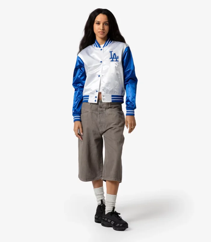 Women's White Los Angeles Dodgers Cropped Satin Full-Snap Jacket