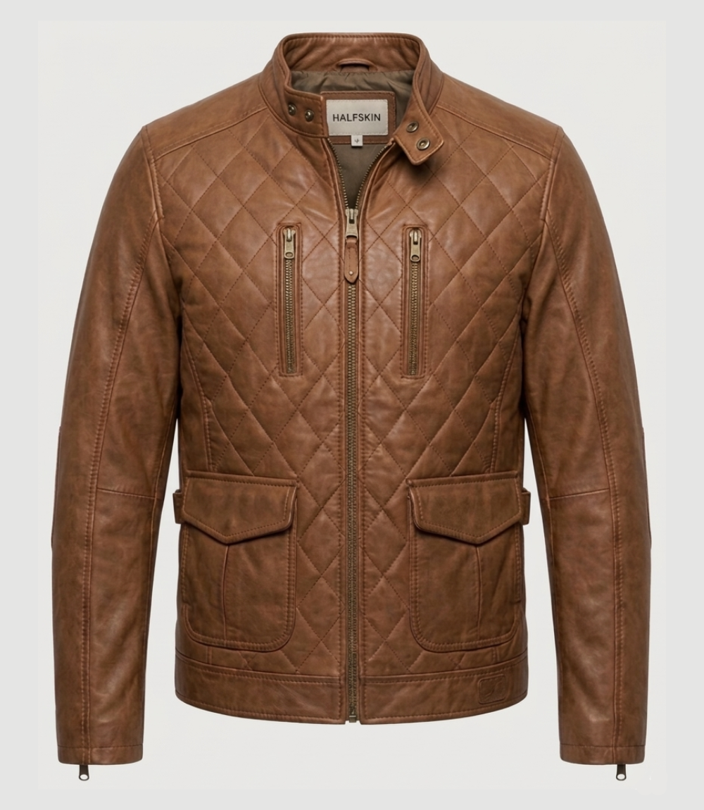 Men's Brown Quilted Brown Leather Jacket 1 Men's Brown Quilted Brown Leather Jacket 1