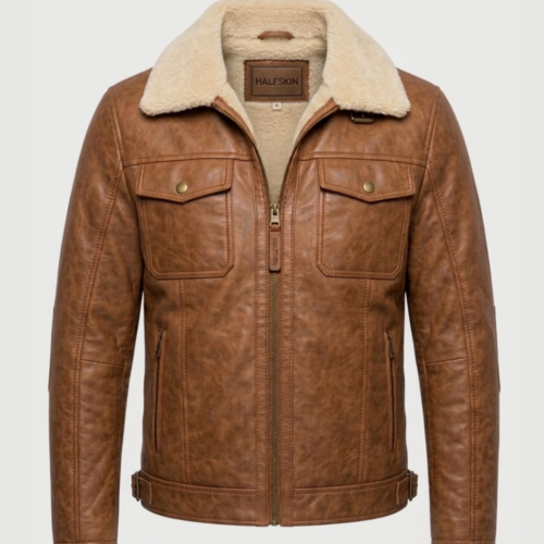 Men's Shearling Tan Brown Leather jacket 1